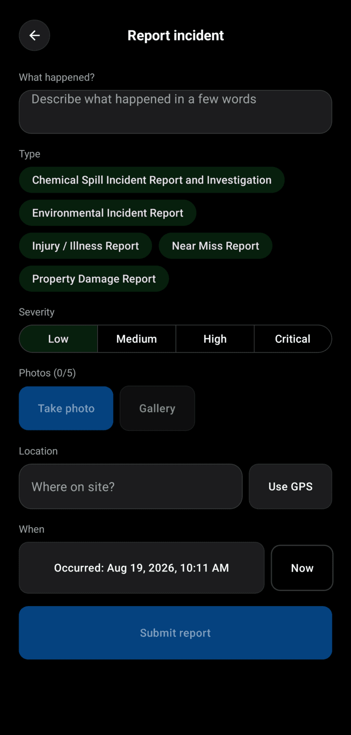 SheqPro mobile incident reporting form with incident type, severity, photo capture, and GPS location for workplace safety reports