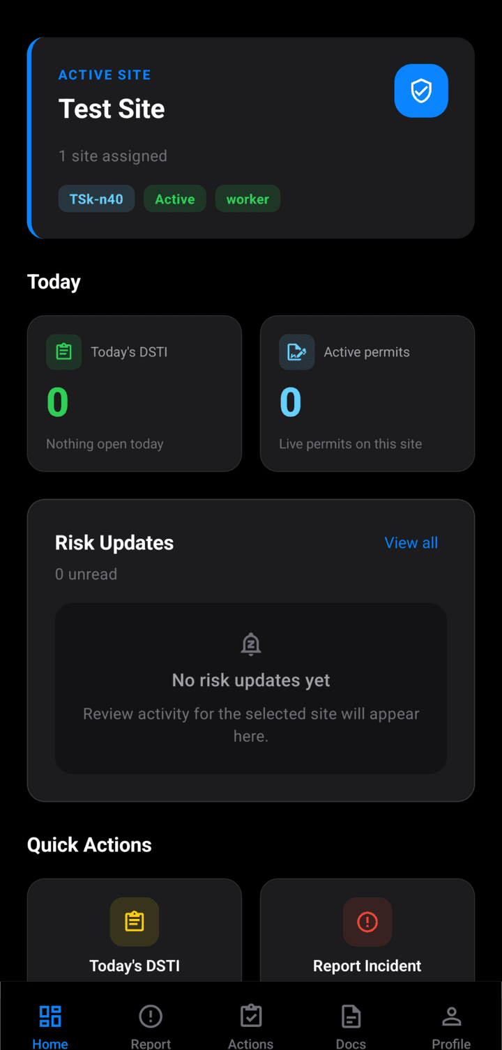 SheqPro mobile app site dashboard showing the active site, today's DSTI sign-ons, live permits to work, and risk updates