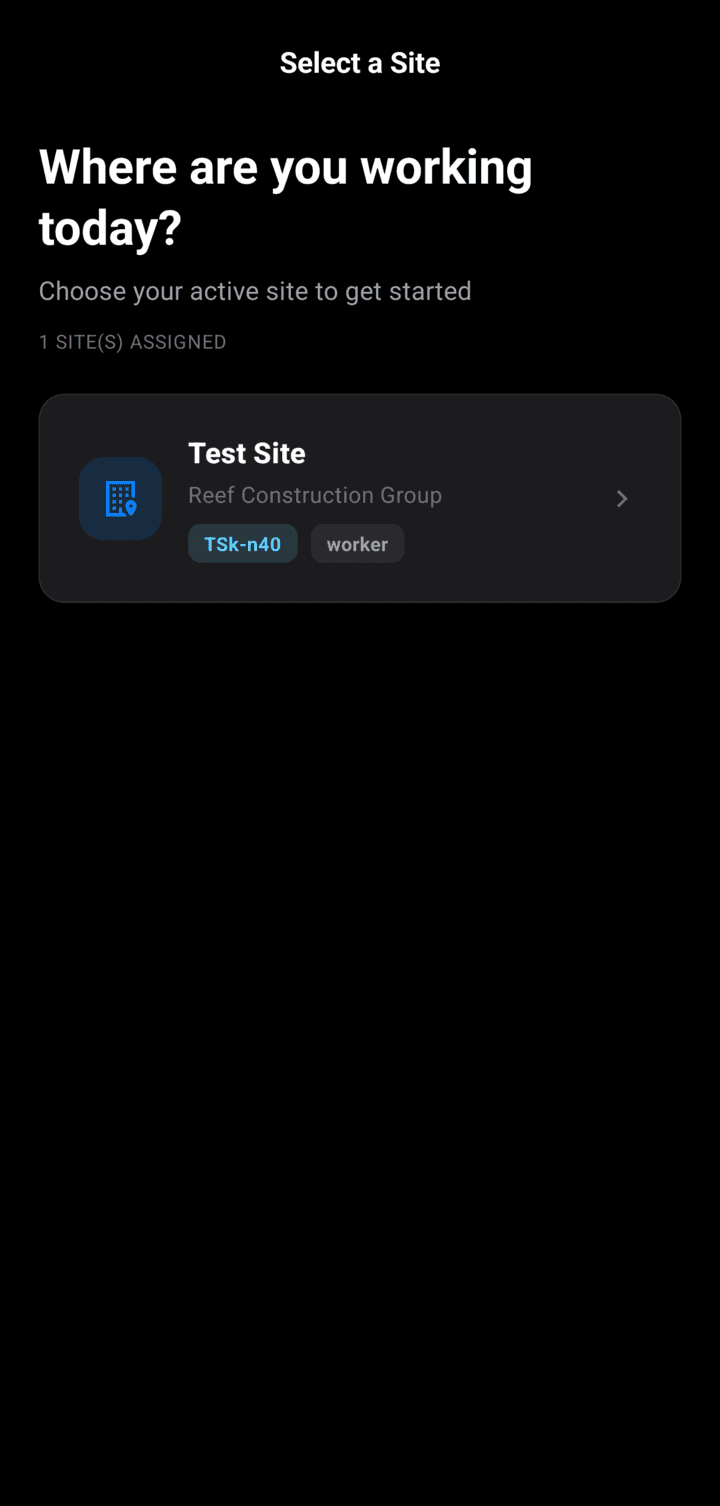 SheqPro mobile app site picker for choosing your active construction or industrial site before starting safety work
