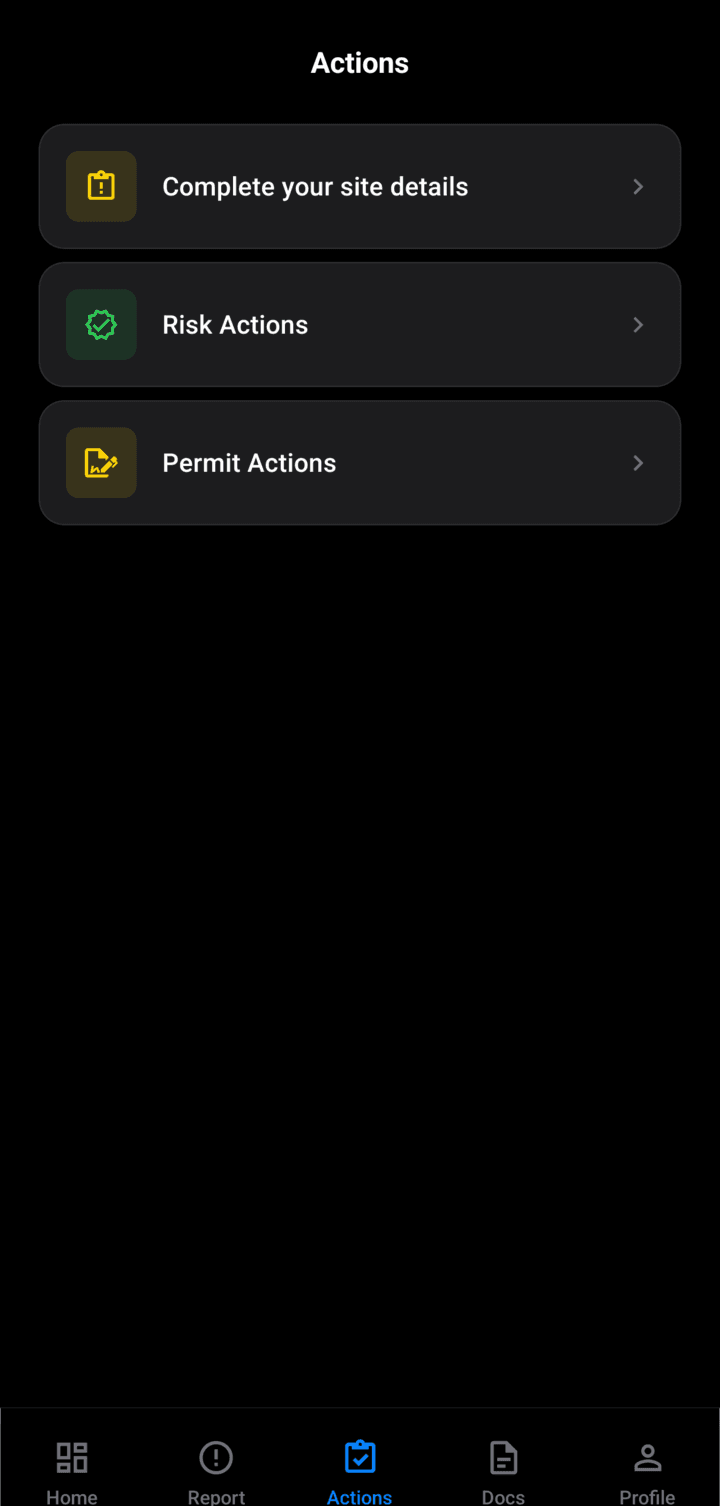 SheqPro mobile safety actions screen listing risk actions and permit to work approvals assigned to the signed-in worker